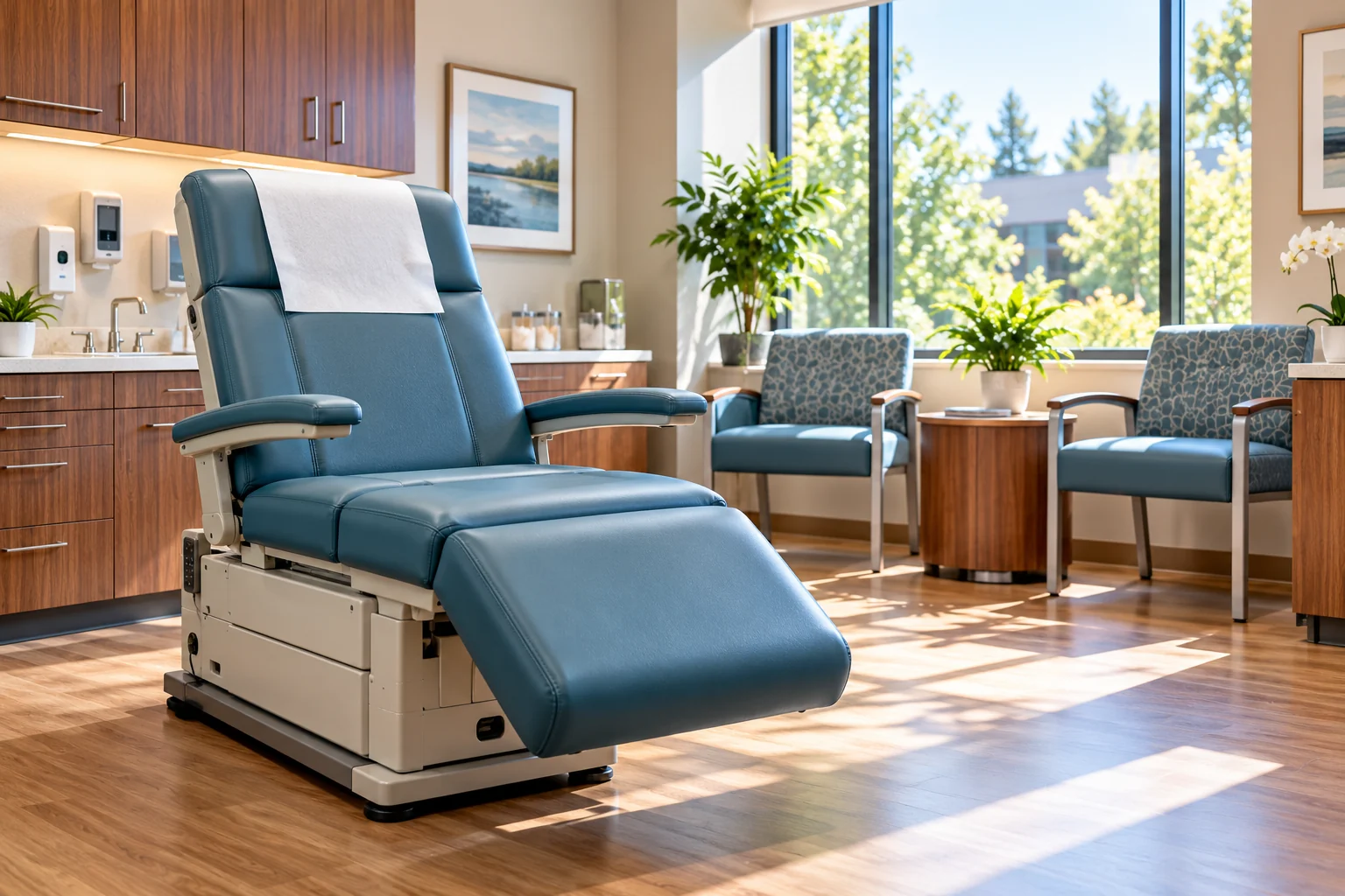 Sunlit outpatient clinic with a blue upholstered treatment recliner in the foreground and two upholstered guest chairs by the windows
